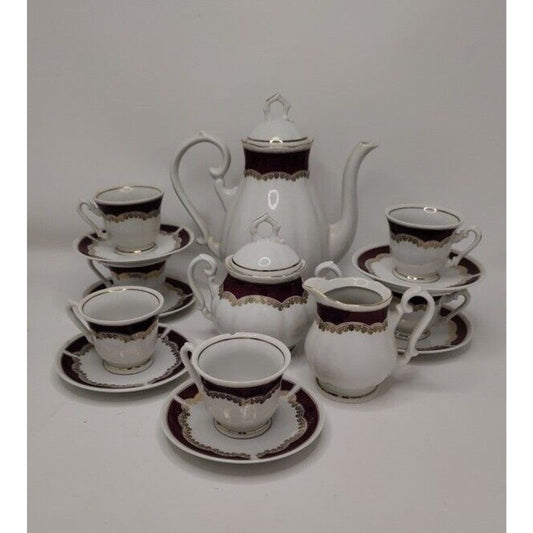 Vintage Zajecar Yugoslavian Porcelain 17pcs Coffee Set Burgundy & Gold