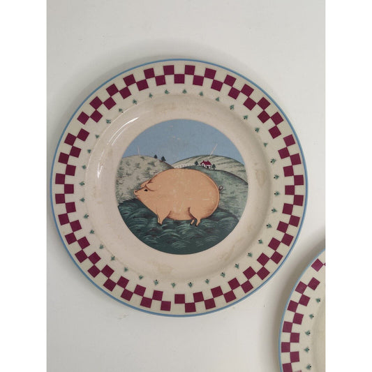 Tienshan Folk Art Dinner Plates- Animals Checkered Rim 12" Set of 2